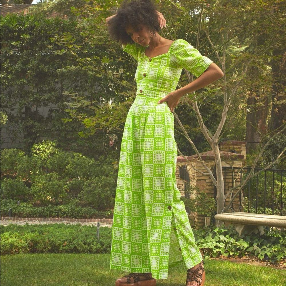 Anthropologie x The Odells The Anna Wide Leg Linen Pant in Lime Multi Size Med